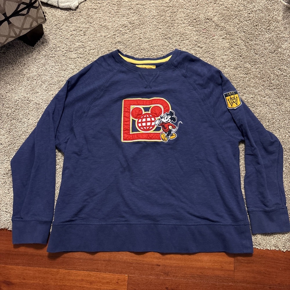 Disney Parks Mens Faded Navy Mickey Mouse D Logo Varsity Sweatshirt 3XL Pullover